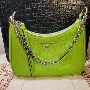 Michael Kors-Neon Green Jet Set Charm Pochette Bag with Silver Chain